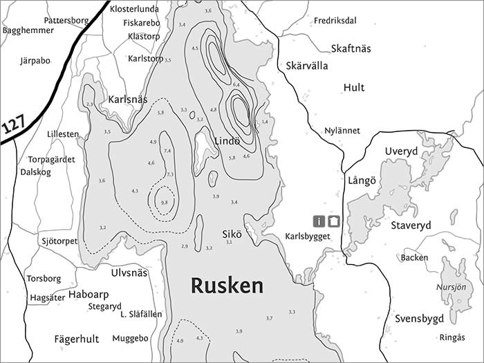 Ruskensee-Tiefenkarte: Angeln in Schweden (Smaland)